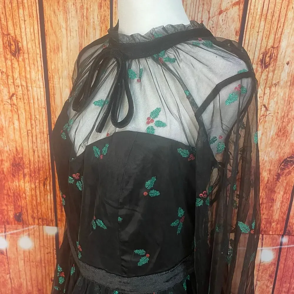 NWT Unique Vintage Holiday Dress Size 1X/16 Party Mistletoe Long Sleeve Mesh